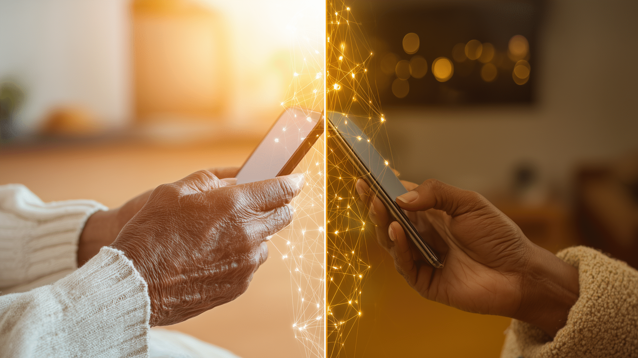 Two people, not on the same place, working together on a single smartphone screen